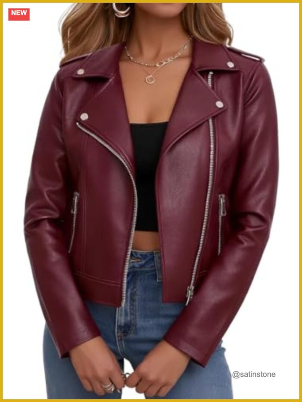 Women Faux Leather Cropped Moto Jacket Zip Up Biker Coat Streetwear